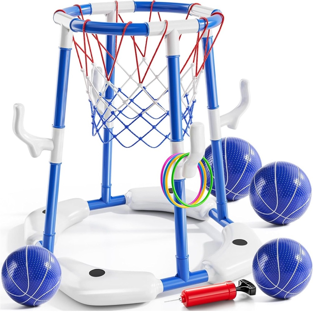 Pool Basketball🏀Hoop 2-in-1 Floating Pool Toys Ring Game w 4 Balls & Pump